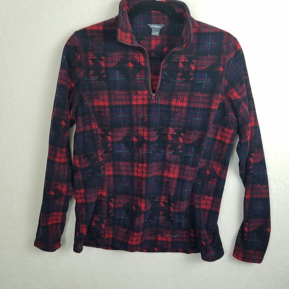 Eddie Bauer Women's M Plaid Fleece Quarter Zip Pullover Top Red Navy